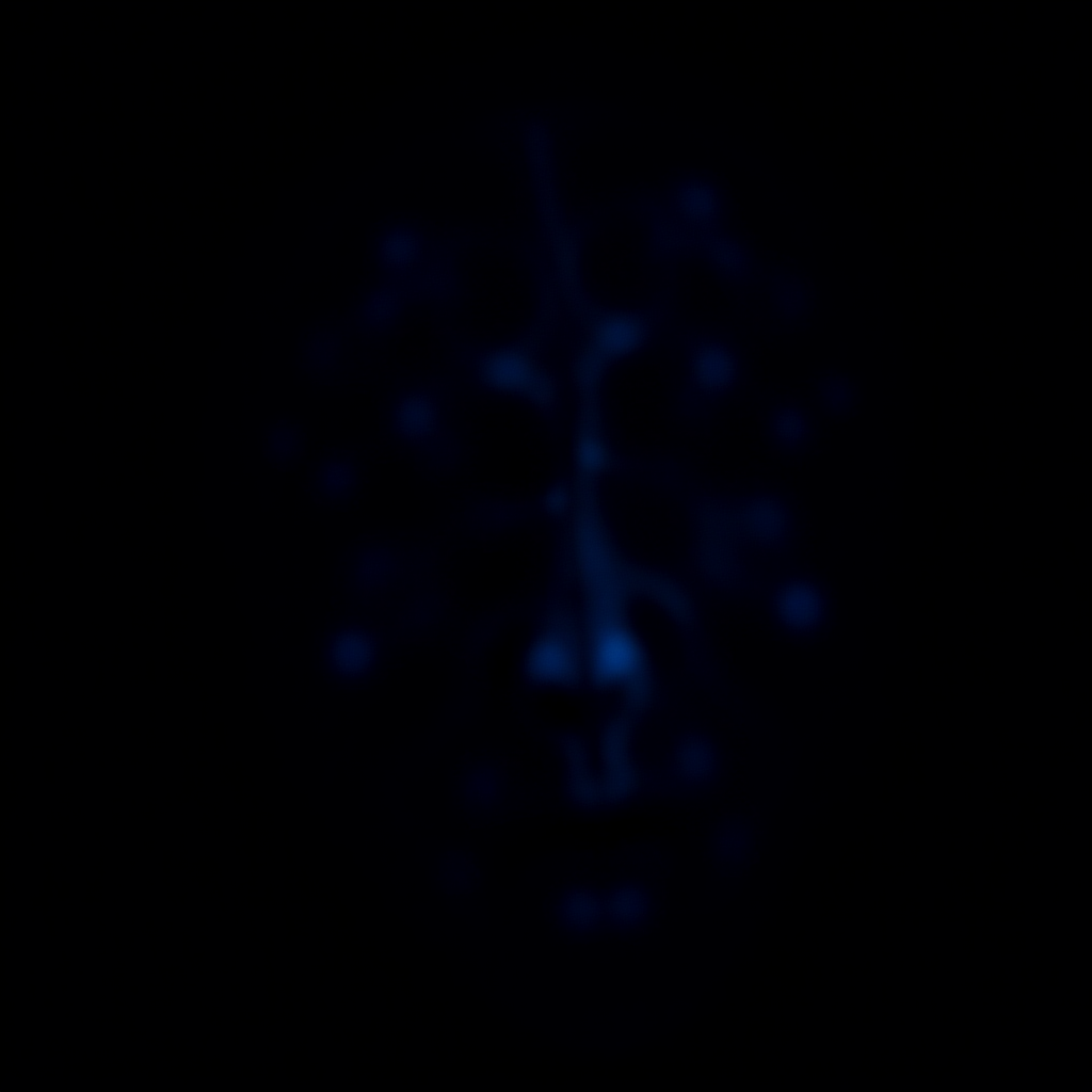A single glowing neuron firing across a dark void, FRODO written in light across the sky